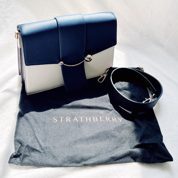 NWT STRATHBERRY crescent shoulder bag navy/ vanilla/ burgundy - Picture 6 of 8